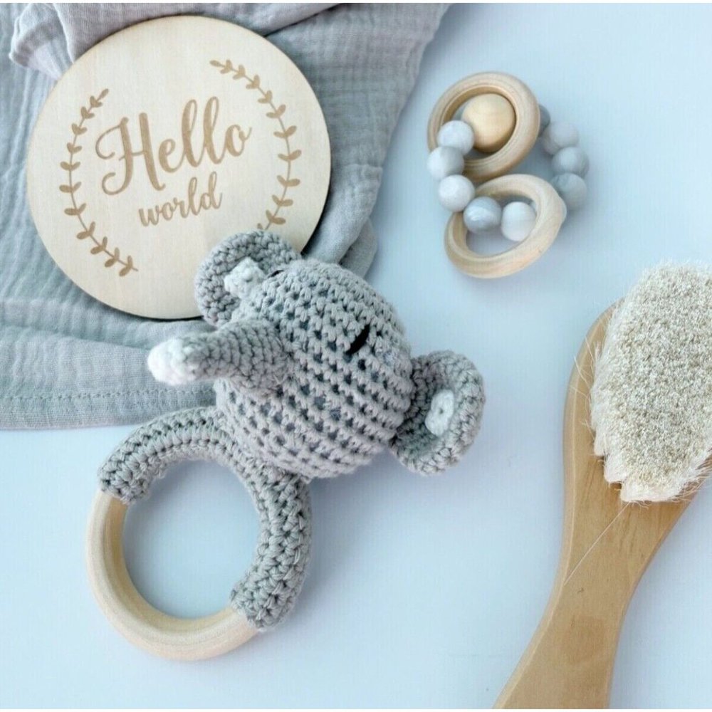 5pc Baby Shower Gift Set- Elephant Rattle, Teething Ring, Brush, Organic Blanket